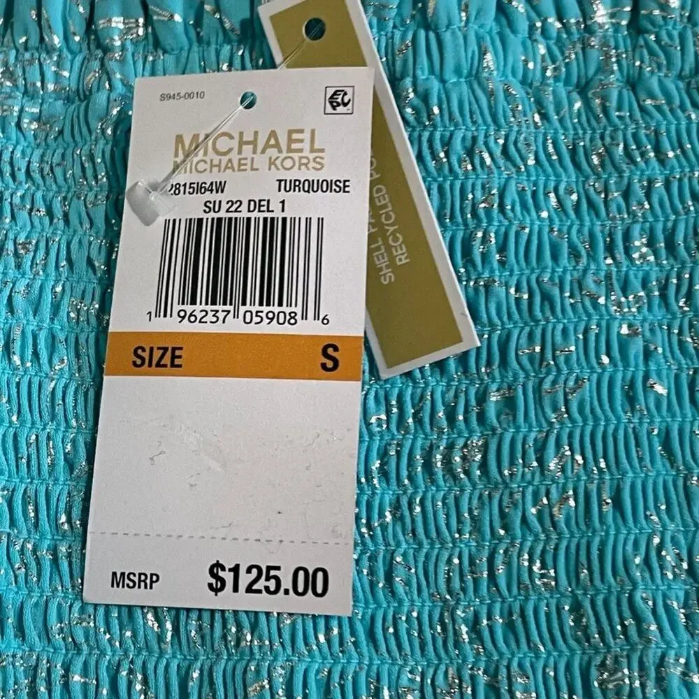 Michael Kors Smocked Dress Small Turquoise Metallic Foil Puff Sleeve NWT